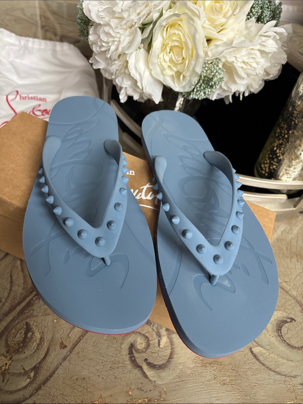 Christian Louboutin Dusty Blue Studded Rubber Thong Sandals